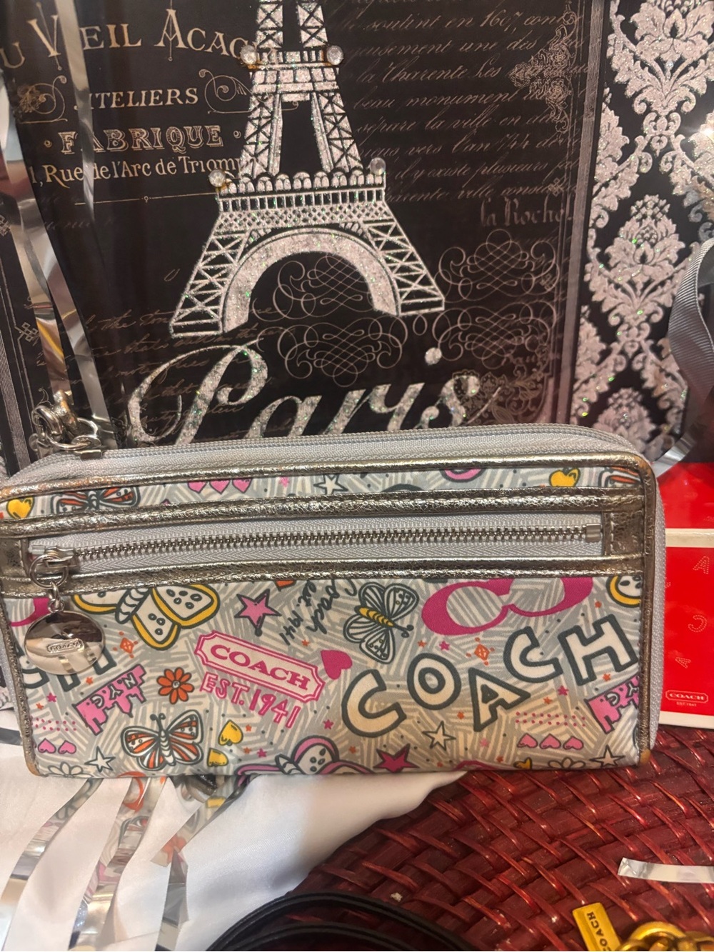 Coach Poppy Silver Graffiti Zip Wallet with Pink & Yellow Accents